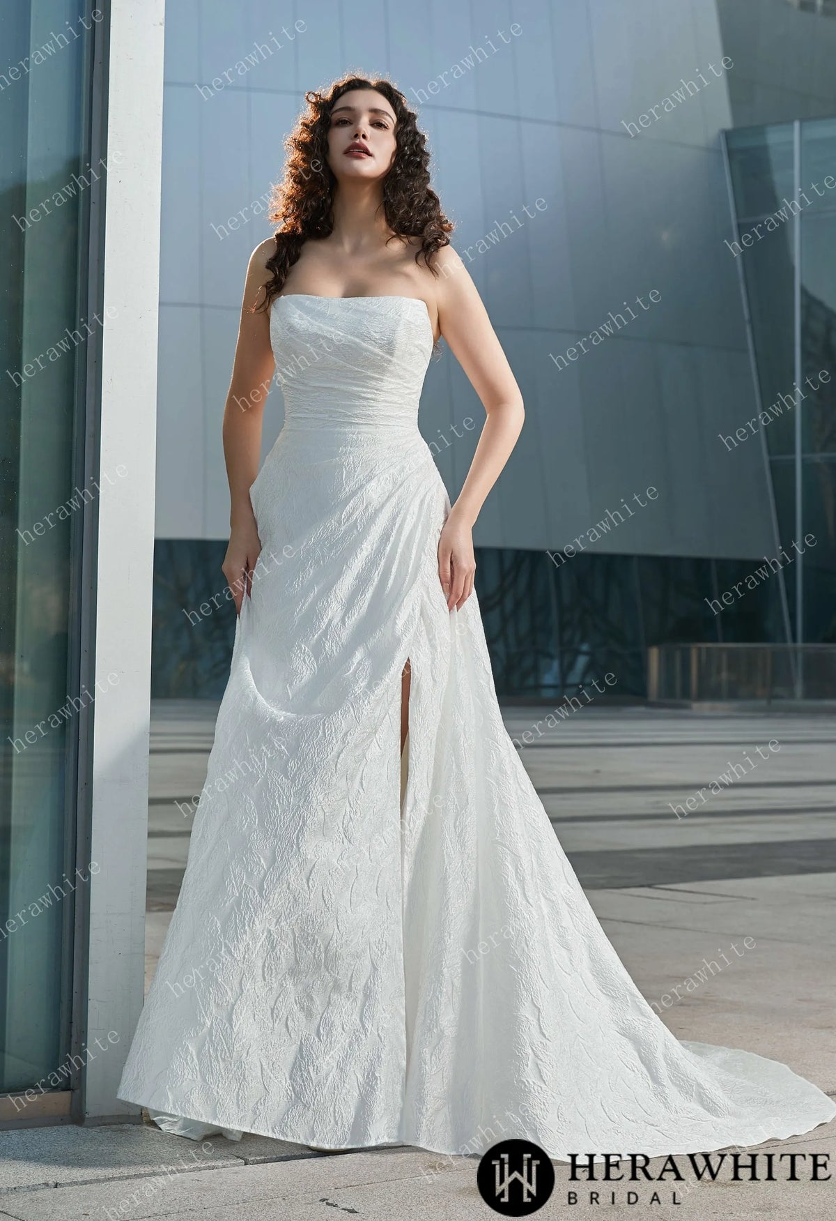 Strapless High Slit Printed Tulle A line Wedding Dresses — HW3609 — image 6