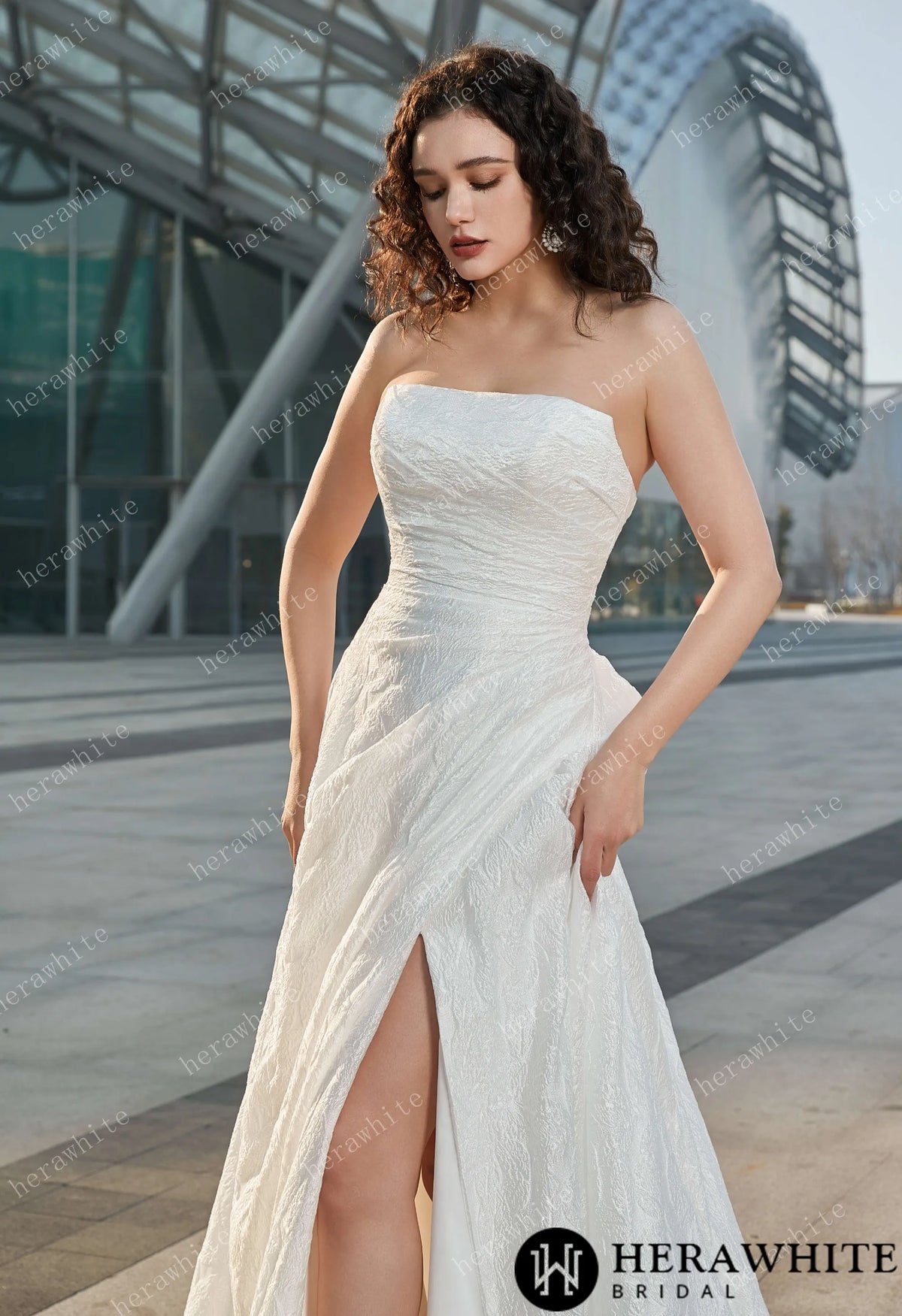 Strapless High Slit Printed Tulle A line Wedding Dresses — HW3609 — image 7