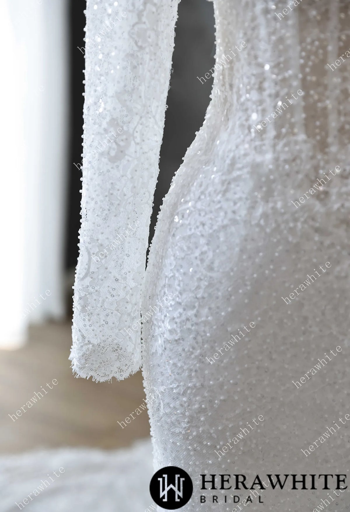 Pearl and Sequin Embellished Lace Fit and Flare Wedding Gown with 3D Floral — HW3611 — image 2