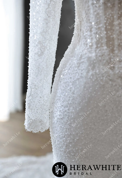 Pearl and Sequin Embellished Lace Fit and Flare Wedding Gown with 3D Floral — HW3611 — image 2