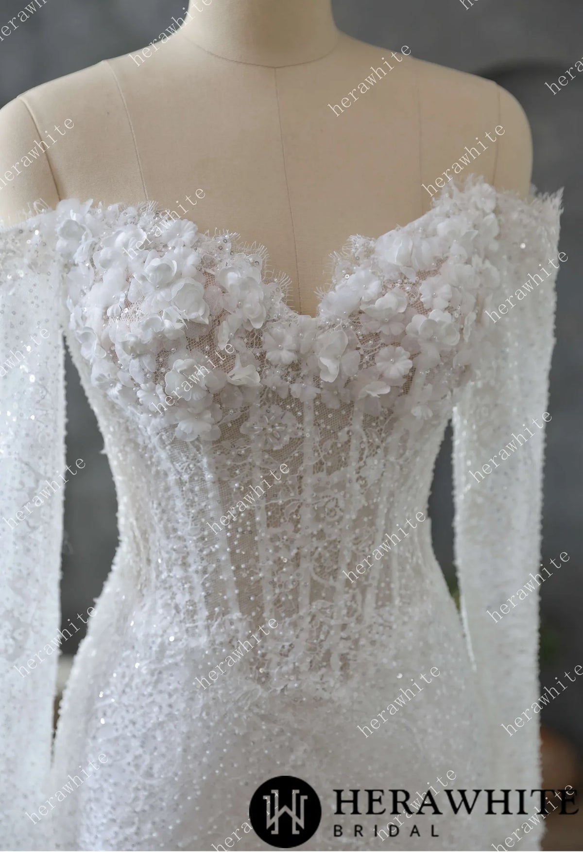 Pearl and Sequin Embellished Lace Fit and Flare Wedding Gown with 3D Floral — HW3611 — image 3