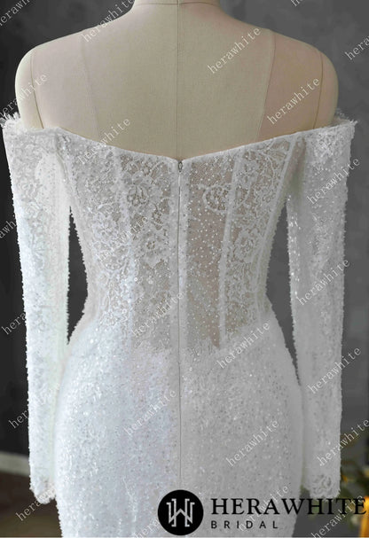 Pearl and Sequin Embellished Lace Fit and Flare Wedding Gown with 3D Floral — HW3611 — image 4