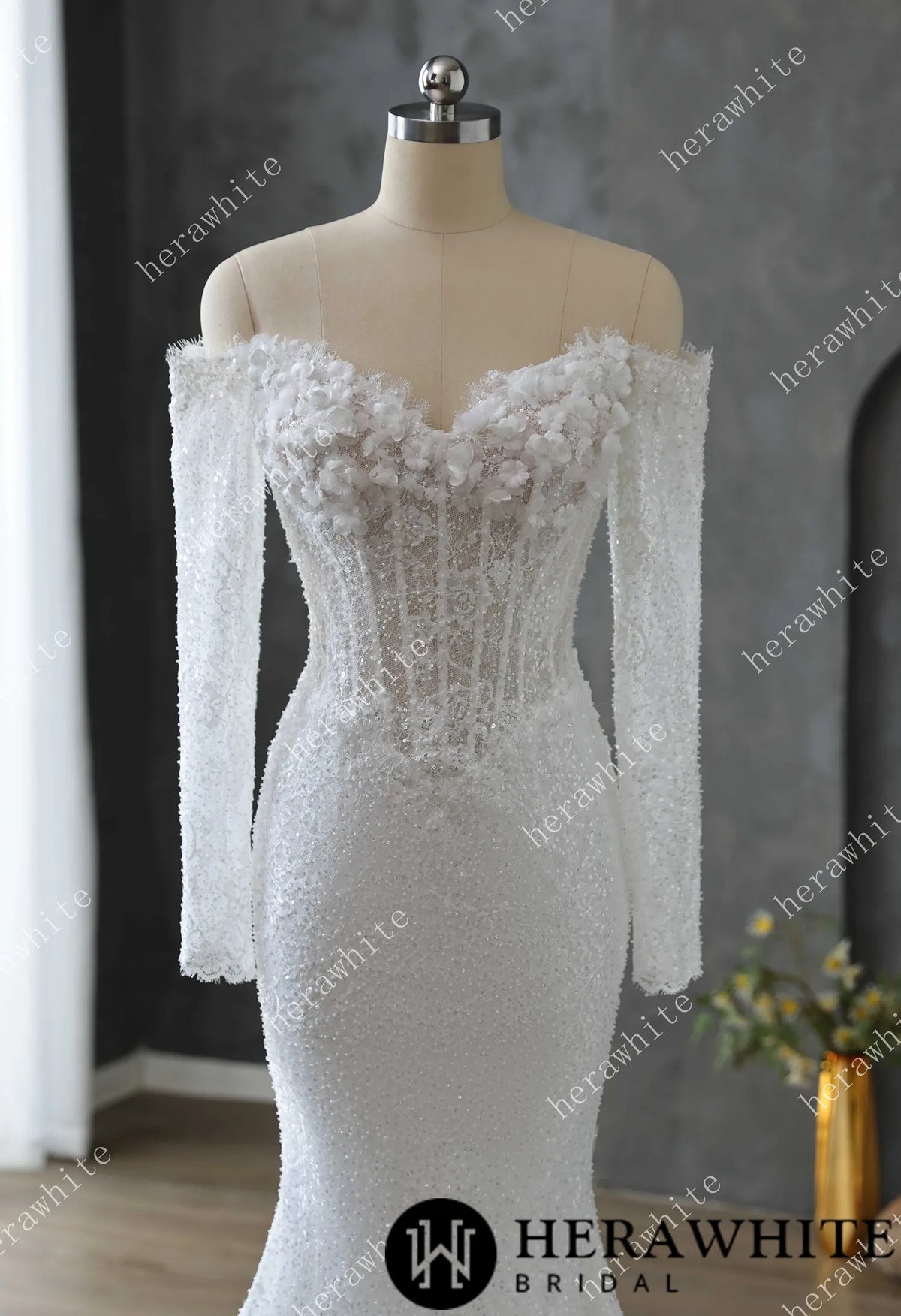 Pearl and Sequin Embellished Lace Fit and Flare Wedding Gown with 3D Floral — HW3611 — image 5
