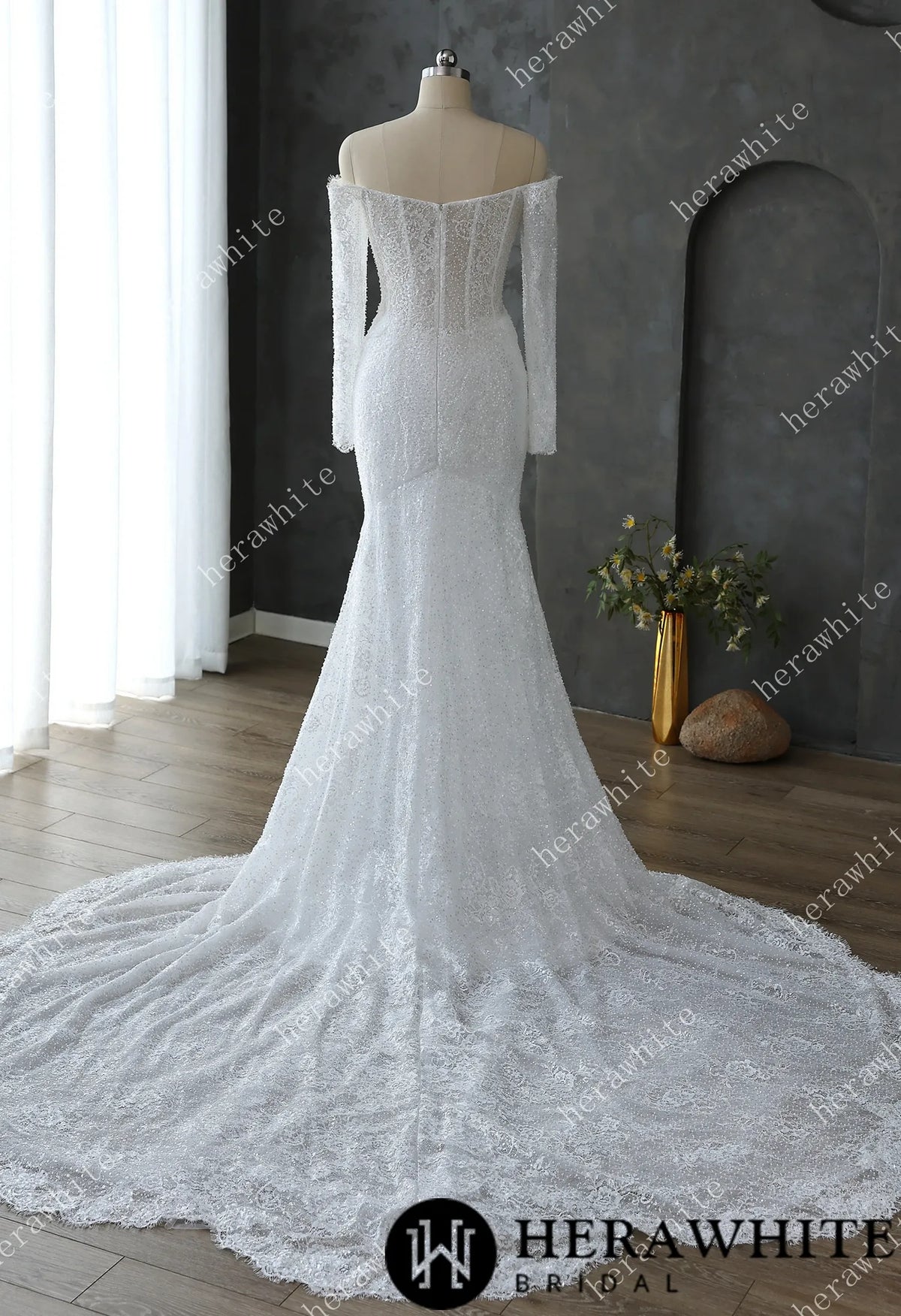 Pearl and Sequin Embellished Lace Fit and Flare Wedding Gown with 3D Floral — HW3611 — image 6