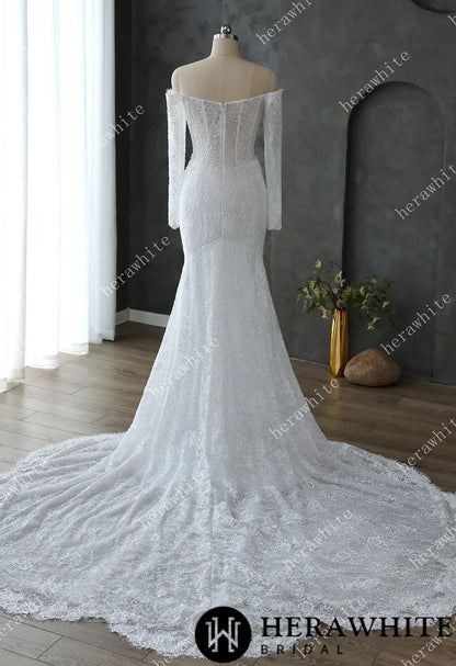Pearl and Sequin Embellished Lace Fit and Flare Wedding Gown with 3D Floral — HW3611 — image 6