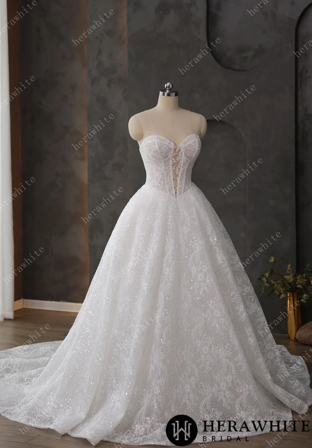Stunning Sweetheart Neckline Sequined Lace Keyhole Wedding Dress — HW3612 — image 3