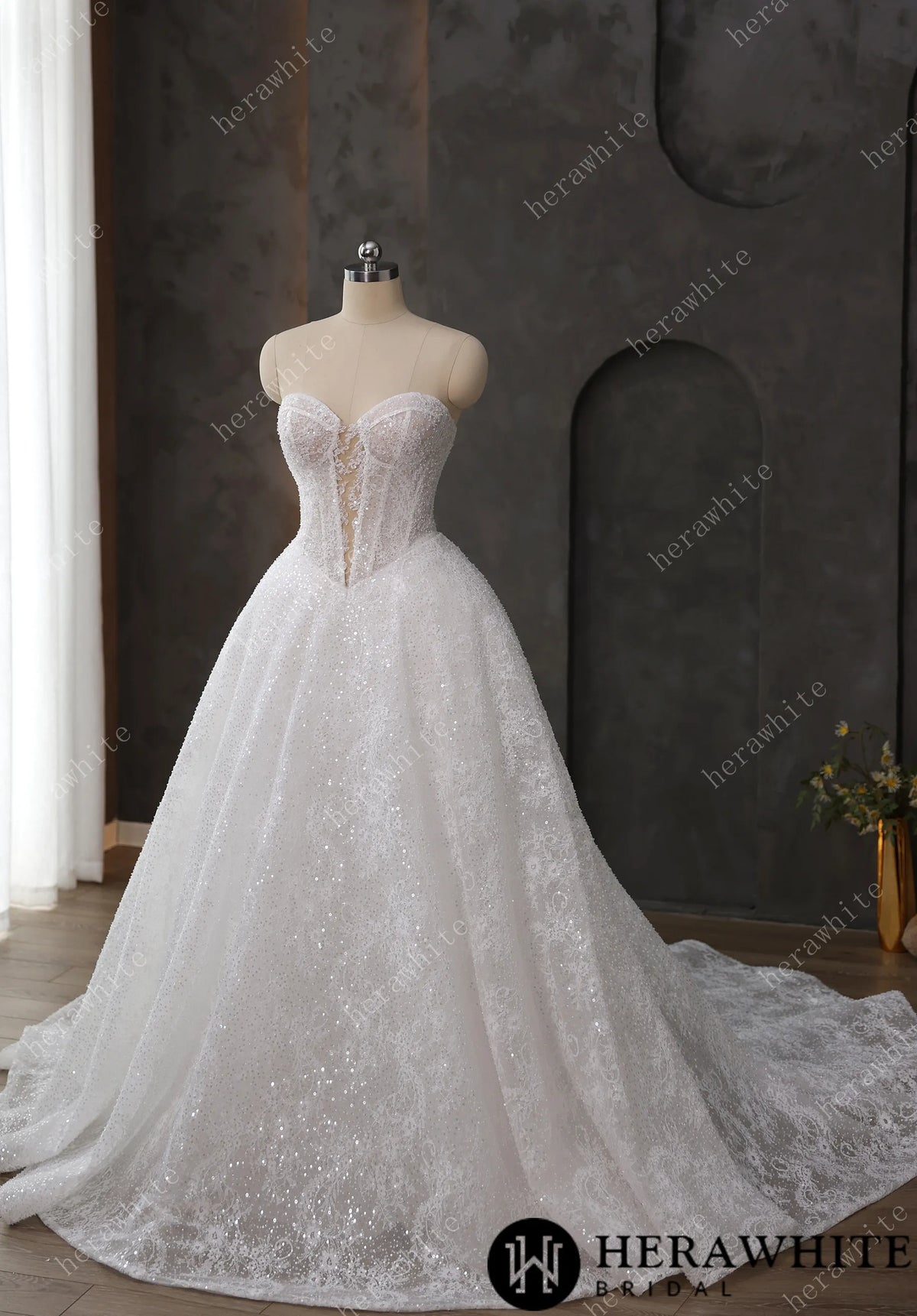Stunning Sweetheart Neckline Sequined Lace Keyhole Wedding Dress — HW3612 — image 5