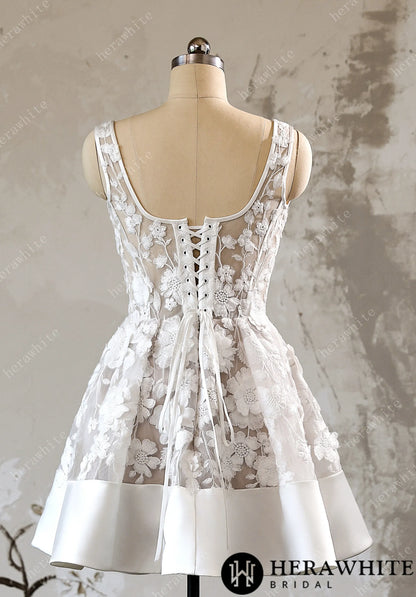 3D Floral Lace A Line Short Reception Dress with Lace Up Back — HW3613 — image 2