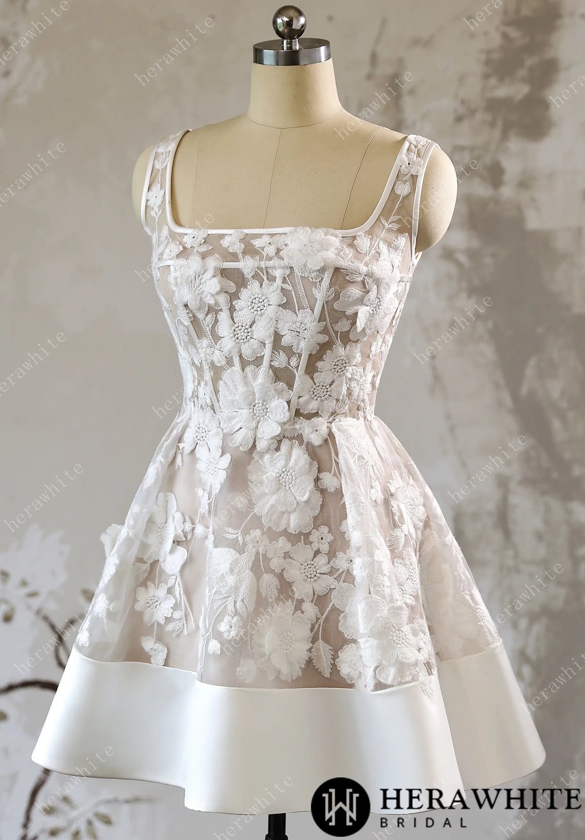 3D Floral Lace A Line Short Reception Dress with Lace Up Back — HW3613 — image 3