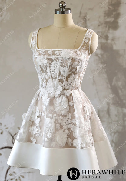 3D Floral Lace A Line Short Reception Dress with Lace Up Back — HW3613 — image 3