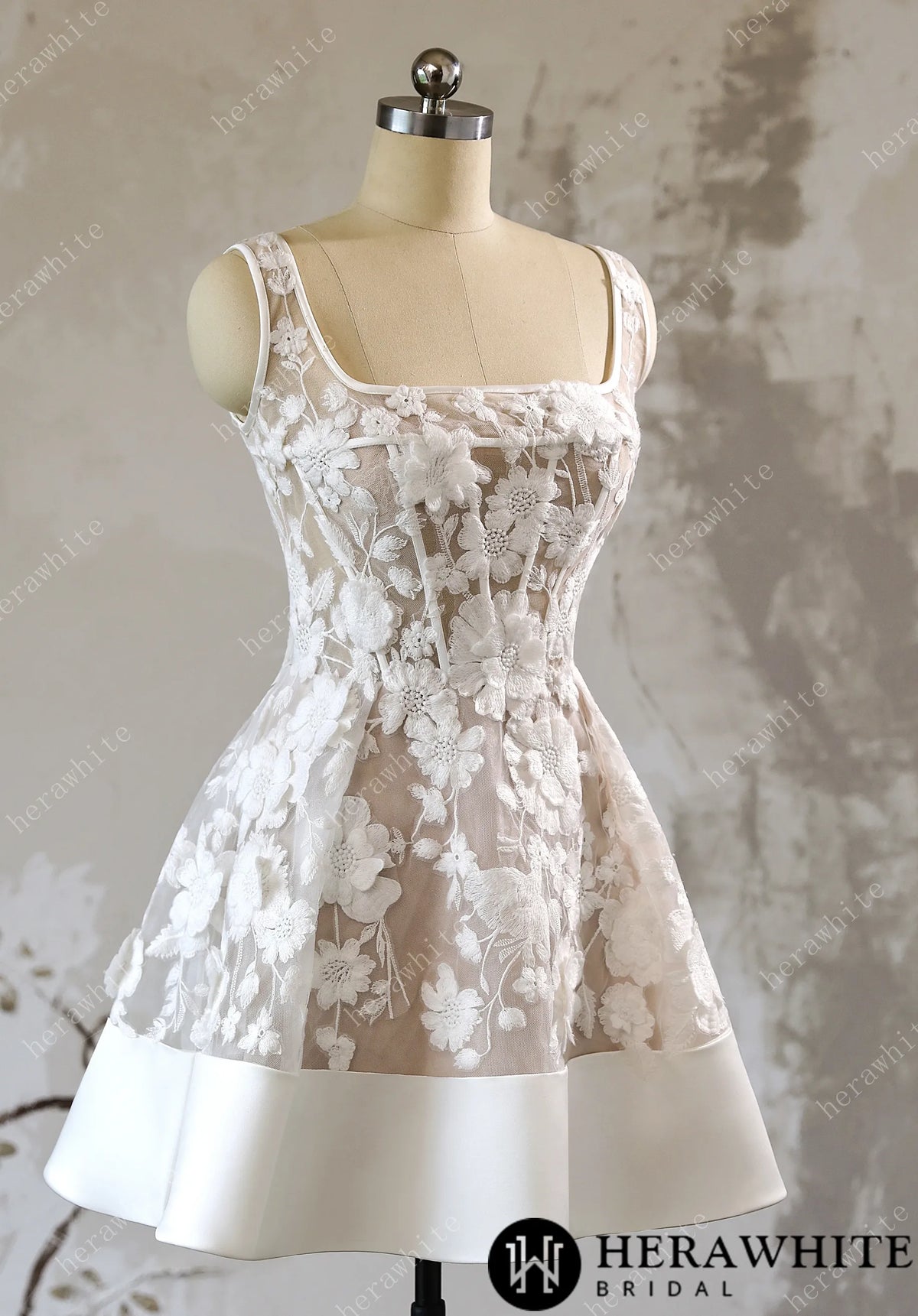 3D Floral Lace A Line Short Reception Dress with Lace Up Back — HW3613 — image 4