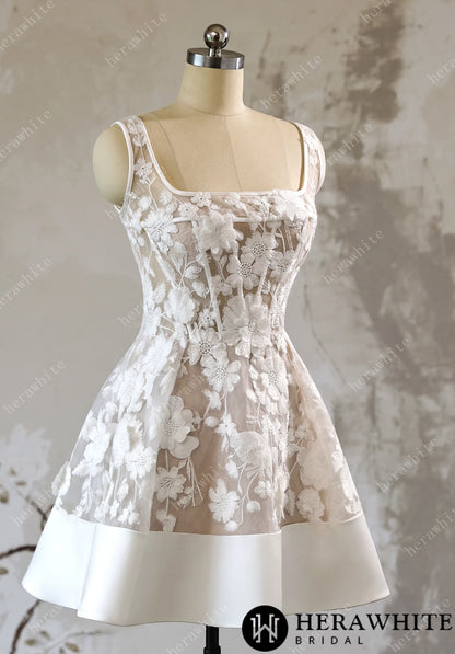 3D Floral Lace A Line Short Reception Dress with Lace Up Back — HW3613 — image 4