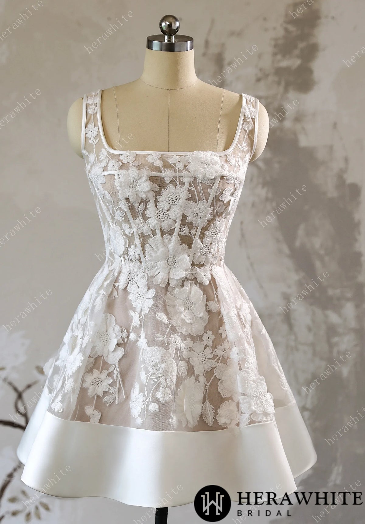 3D Floral Lace A Line Short Reception Dress with Lace Up Back — HW3613 — image 5