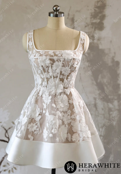 3D Floral Lace A Line Short Reception Dress with Lace Up Back — HW3613 — image 5