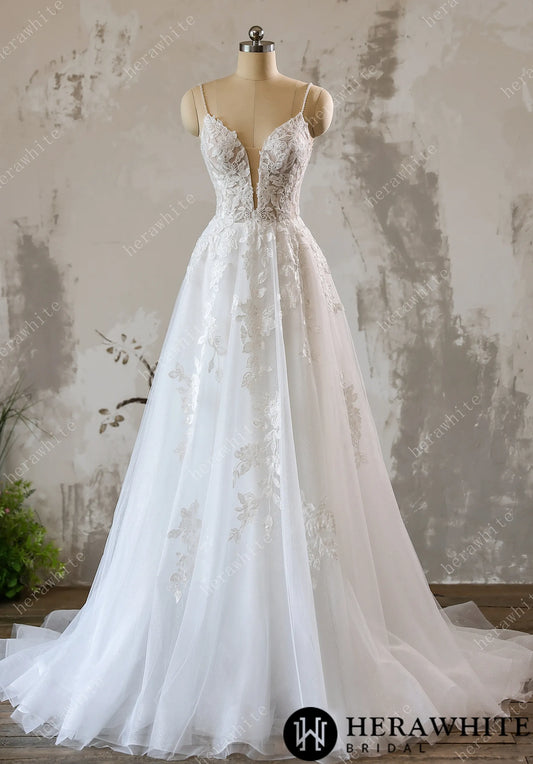 Lace A-line Bridal Gown with Sparkling Tulle and Crystal Beaded Straps — HW3618 — image 1