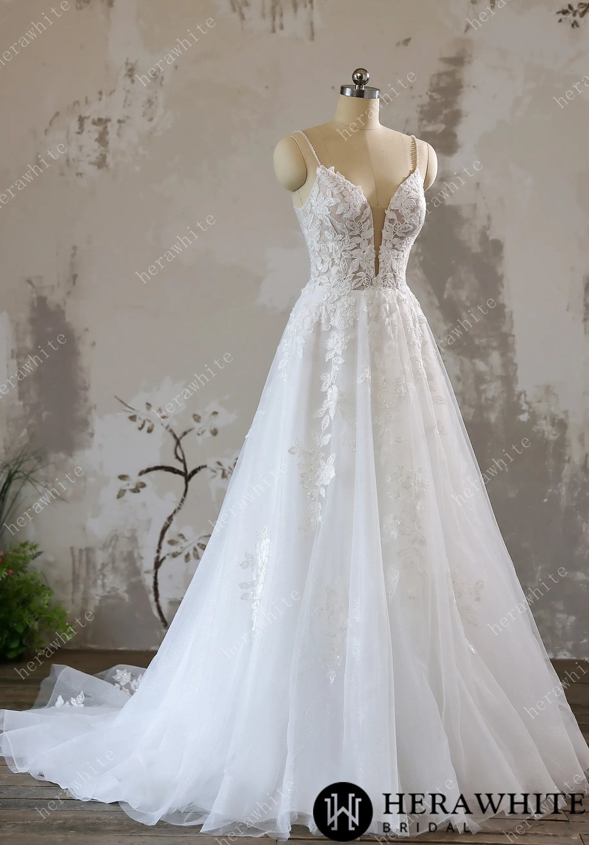 Lace A-line Bridal Gown with Sparkling Tulle and Crystal Beaded Straps — HW3618 — image 2