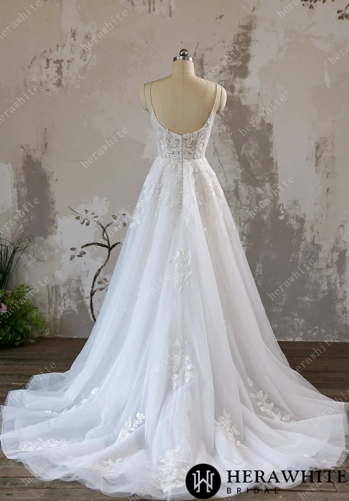 Lace A-line Bridal Gown with Sparkling Tulle and Crystal Beaded Straps — HW3618 — image 3