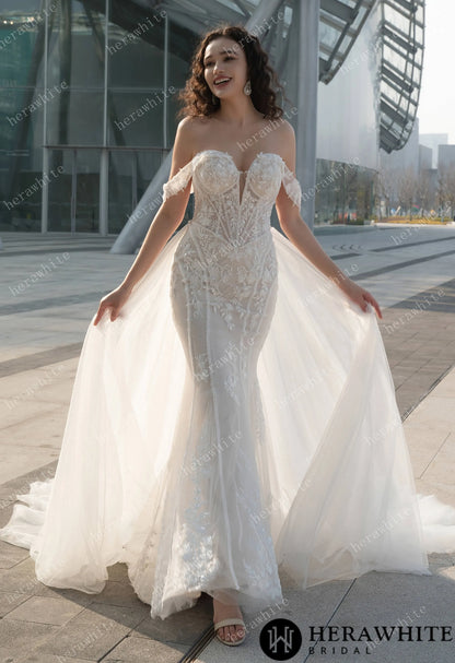 Enchanting Off-the-Shoulder Wedding Dress with Detachable Train – Lace Embroidery & Elegance Redefined — HW3624 — image 1