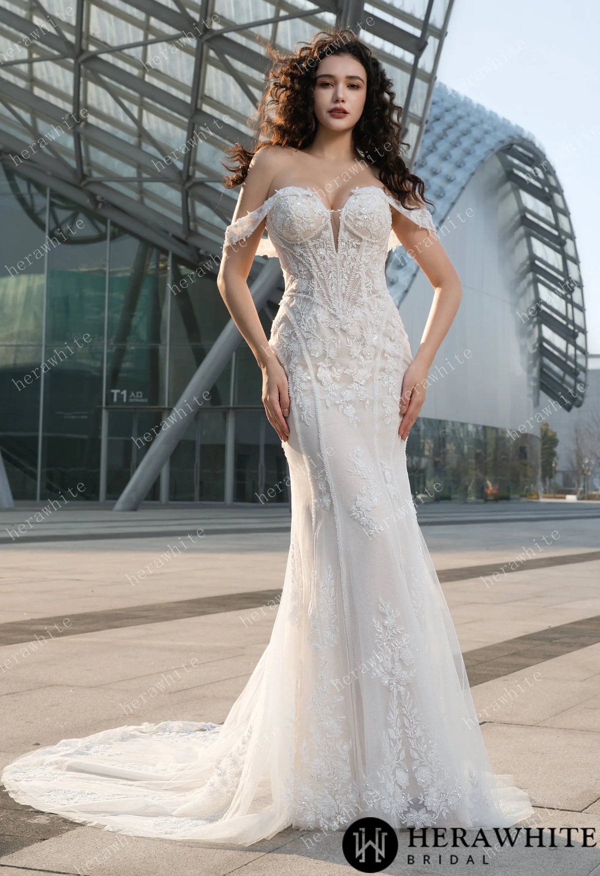 Enchanting Off-the-Shoulder Wedding Dress with Detachable Train – Lace Embroidery & Elegance Redefined — HW3624 — image 3