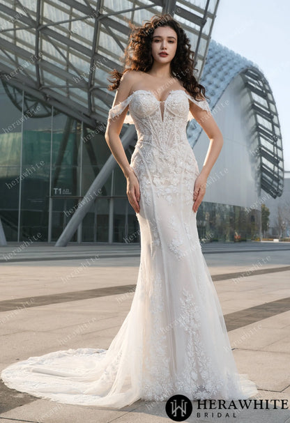 Enchanting Off-the-Shoulder Wedding Dress with Detachable Train – Lace Embroidery & Elegance Redefined — HW3624 — image 3