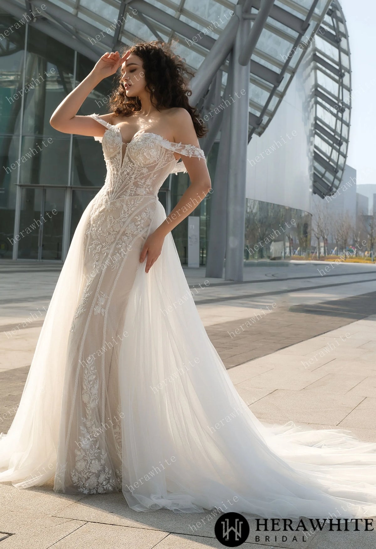 Enchanting Off-the-Shoulder Wedding Dress with Detachable Train – Lace Embroidery & Elegance Redefined — HW3624 — image 5