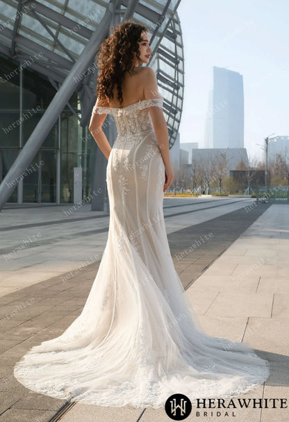 Enchanting Off-the-Shoulder Wedding Dress with Detachable Train – Lace Embroidery & Elegance Redefined — HW3624 — image 6
