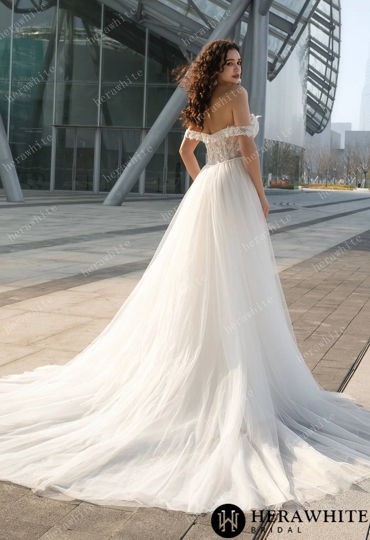 Enchanting Off-the-Shoulder Wedding Dress with Detachable Train – Lace Embroidery & Elegance Redefined — HW3624 — image 7