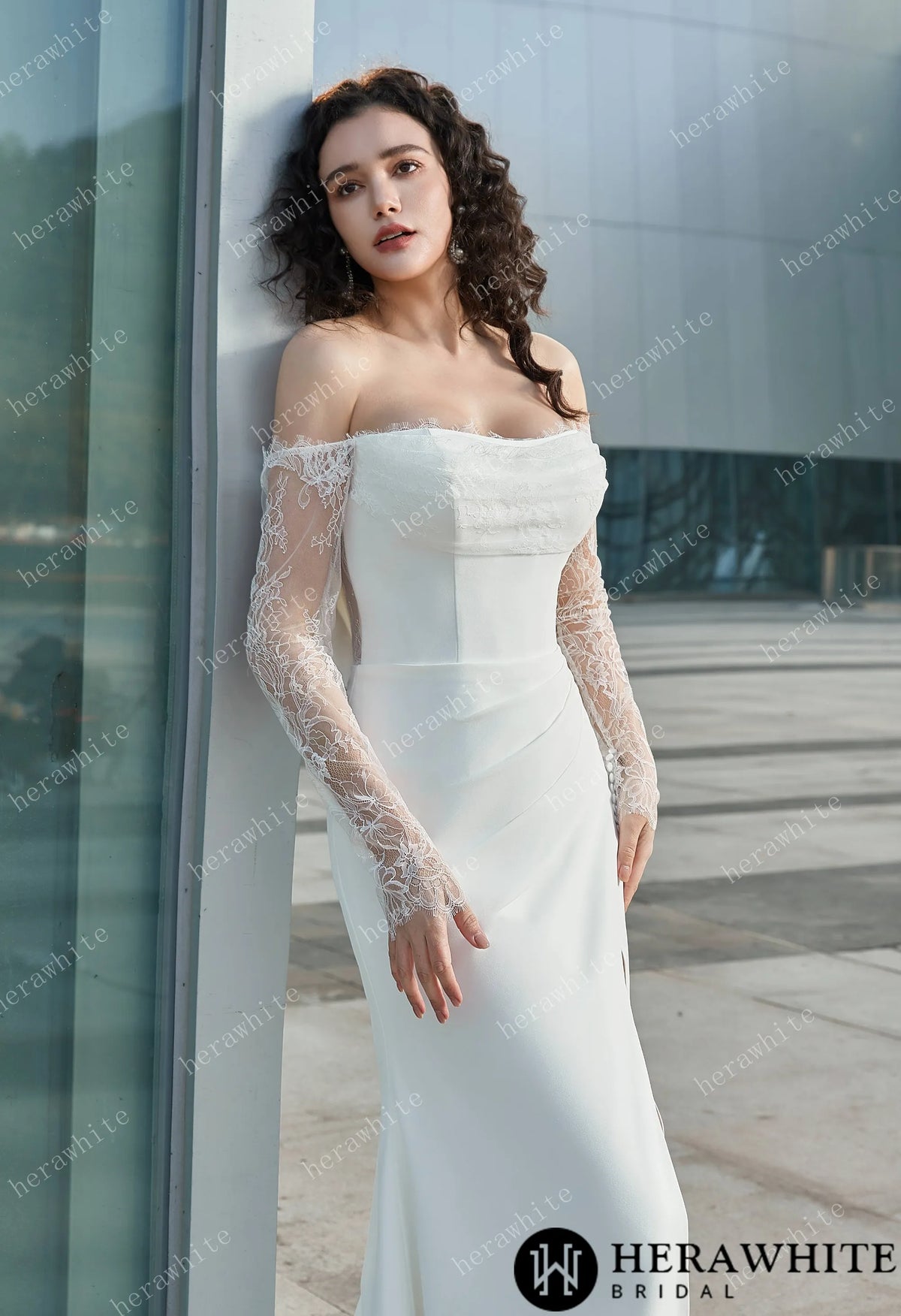 Modern Glam-Off-the-Shoulder Bridal Gown with Thigh-High Slit & Delicate Lace Sleeves — HW3626 — image 2