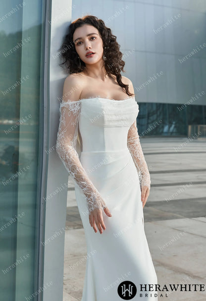 Modern Glam-Off-the-Shoulder Bridal Gown with Thigh-High Slit & Delicate Lace Sleeves — HW3626 — image 2