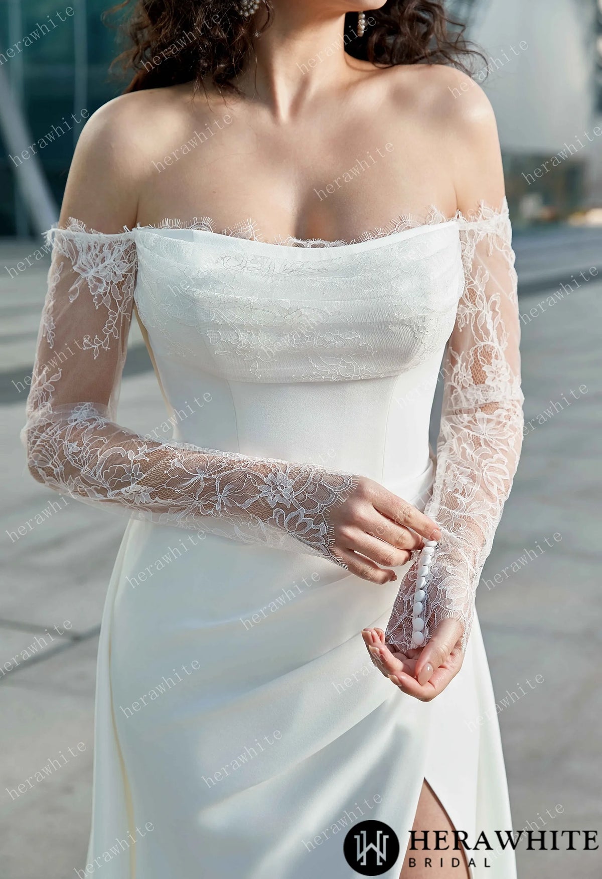 Modern Glam-Off-the-Shoulder Bridal Gown with Thigh-High Slit & Delicate Lace Sleeves — HW3626 — image 5