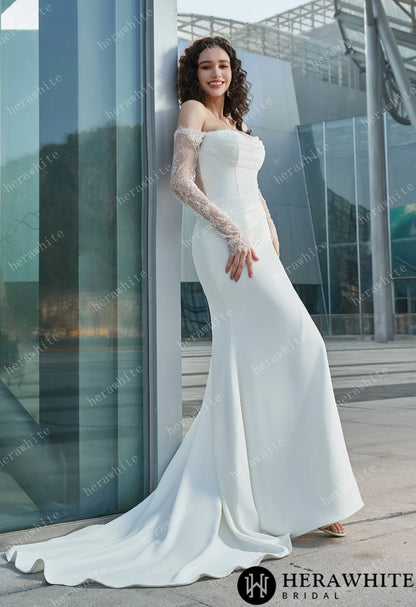 Modern Glam-Off-the-Shoulder Bridal Gown with Thigh-High Slit & Delicate Lace Sleeves — HW3626 — image 6