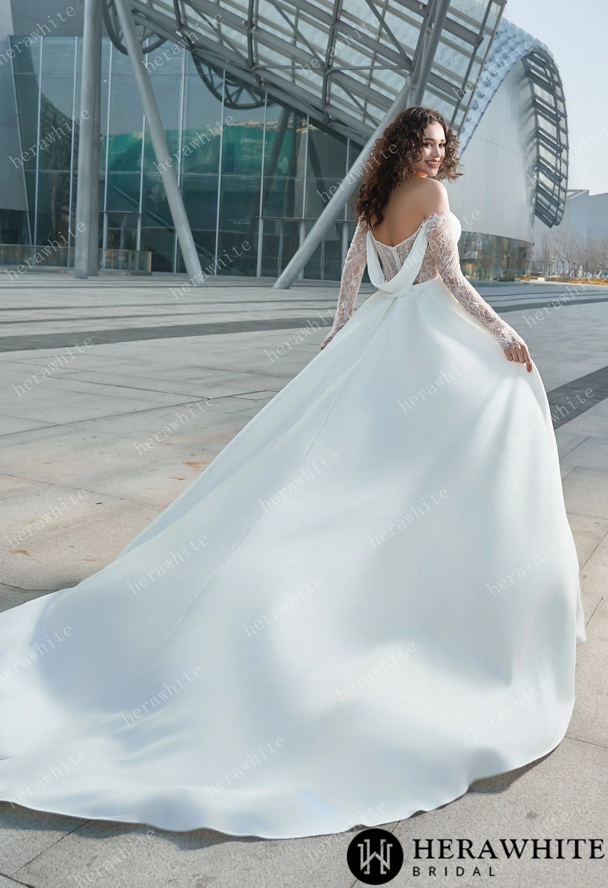 Modern Glam-Off-the-Shoulder Bridal Gown with Thigh-High Slit & Delicate Lace Sleeves — HW3626 — image 7