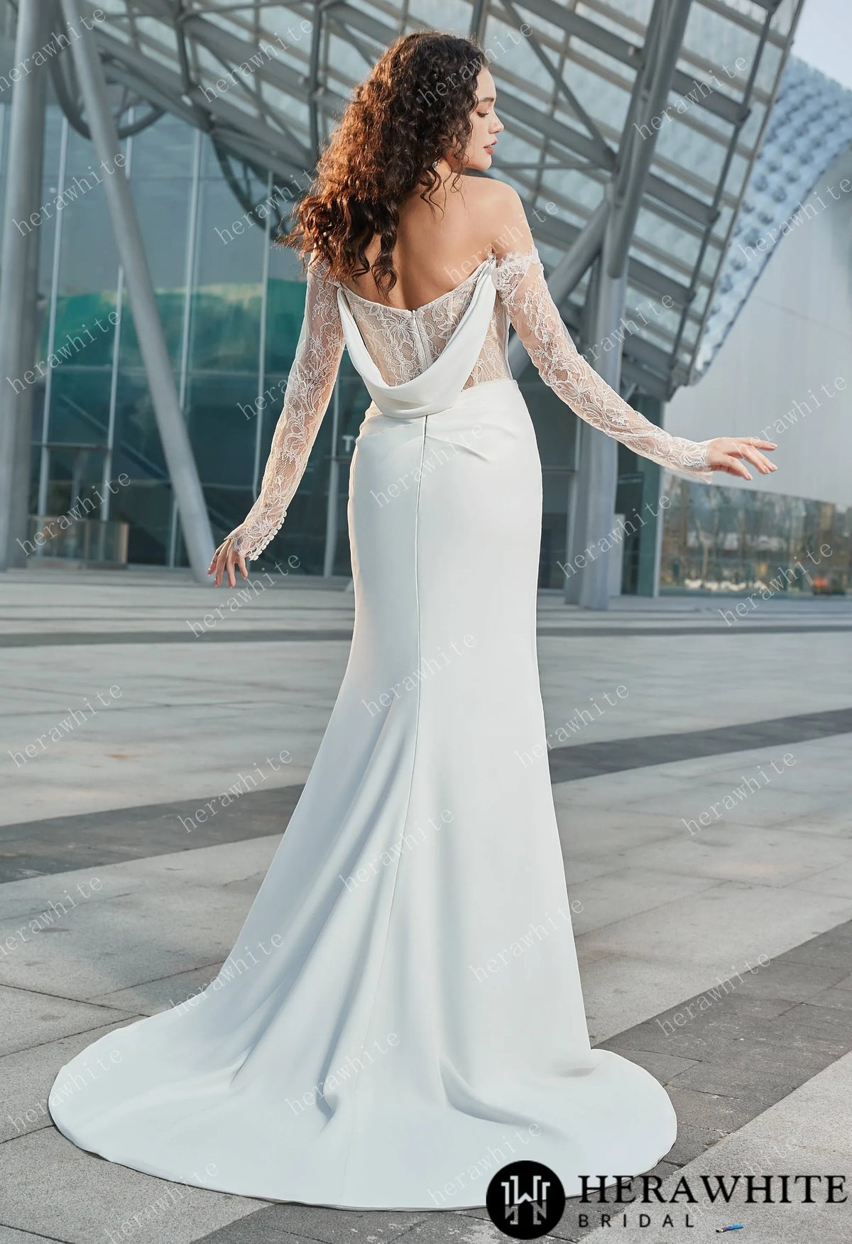Modern Glam-Off-the-Shoulder Bridal Gown with Thigh-High Slit & Delicate Lace Sleeves — HW3626 — image 8