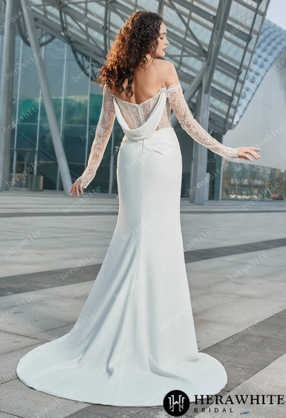 Modern Glam-Off-the-Shoulder Bridal Gown with Thigh-High Slit & Delicate Lace Sleeves — HW3626 — image 8