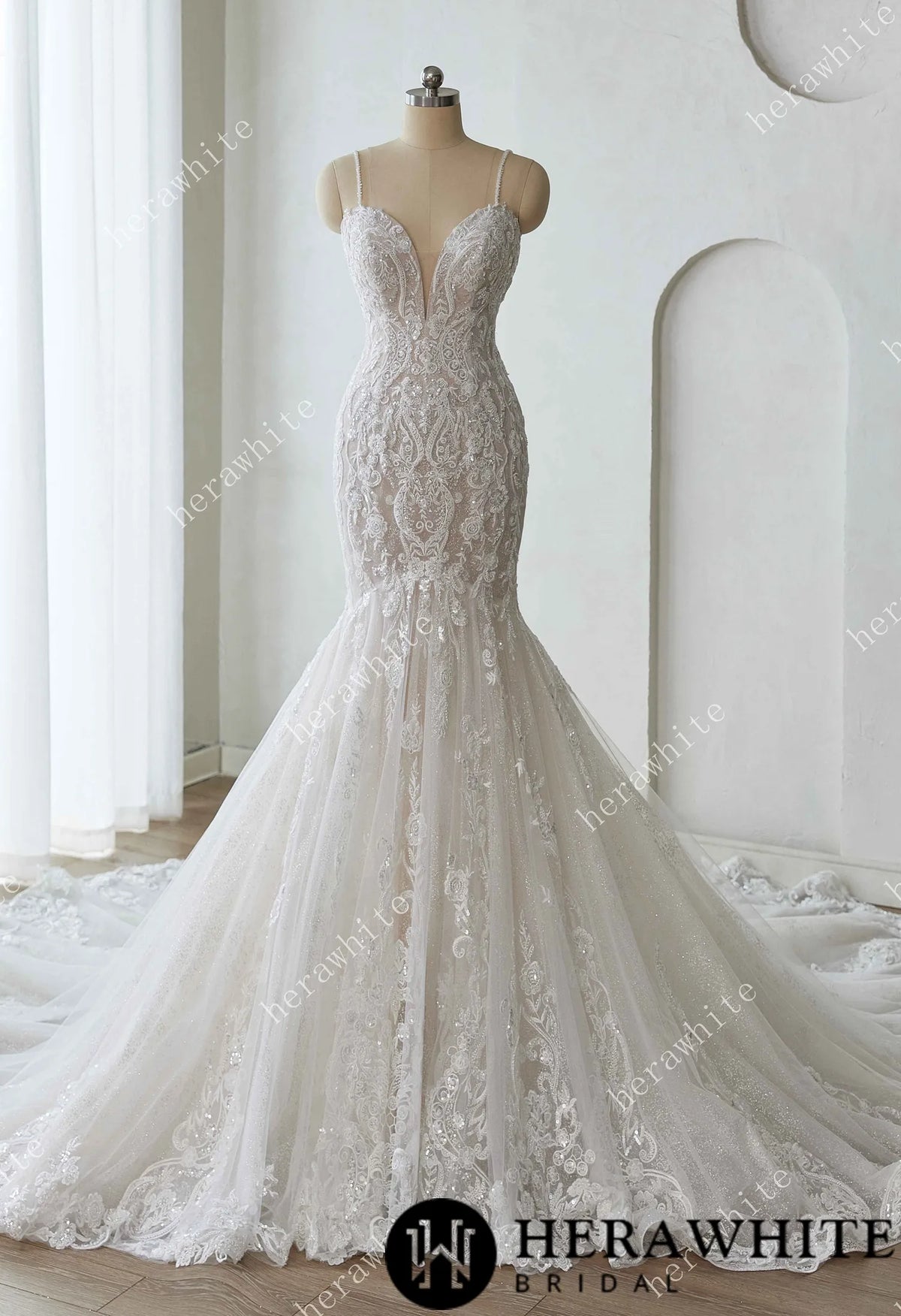 Glamorous Glitter Tulle Wedding Dress with Beaded Corset Back and Dramatic Train — HW3628 — image 1