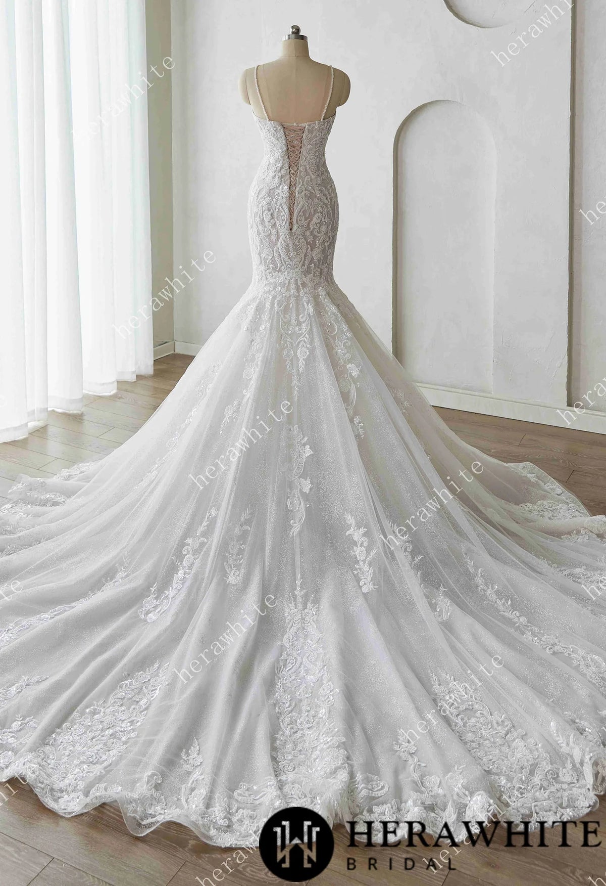 Glamorous Glitter Tulle Wedding Dress with Beaded Corset Back and Dramatic Train — HW3628 — image 2