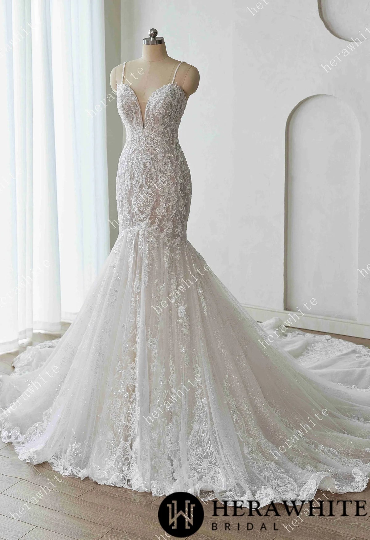 Glamorous Glitter Tulle Wedding Dress with Beaded Corset Back and Dramatic Train — HW3628 — image 7