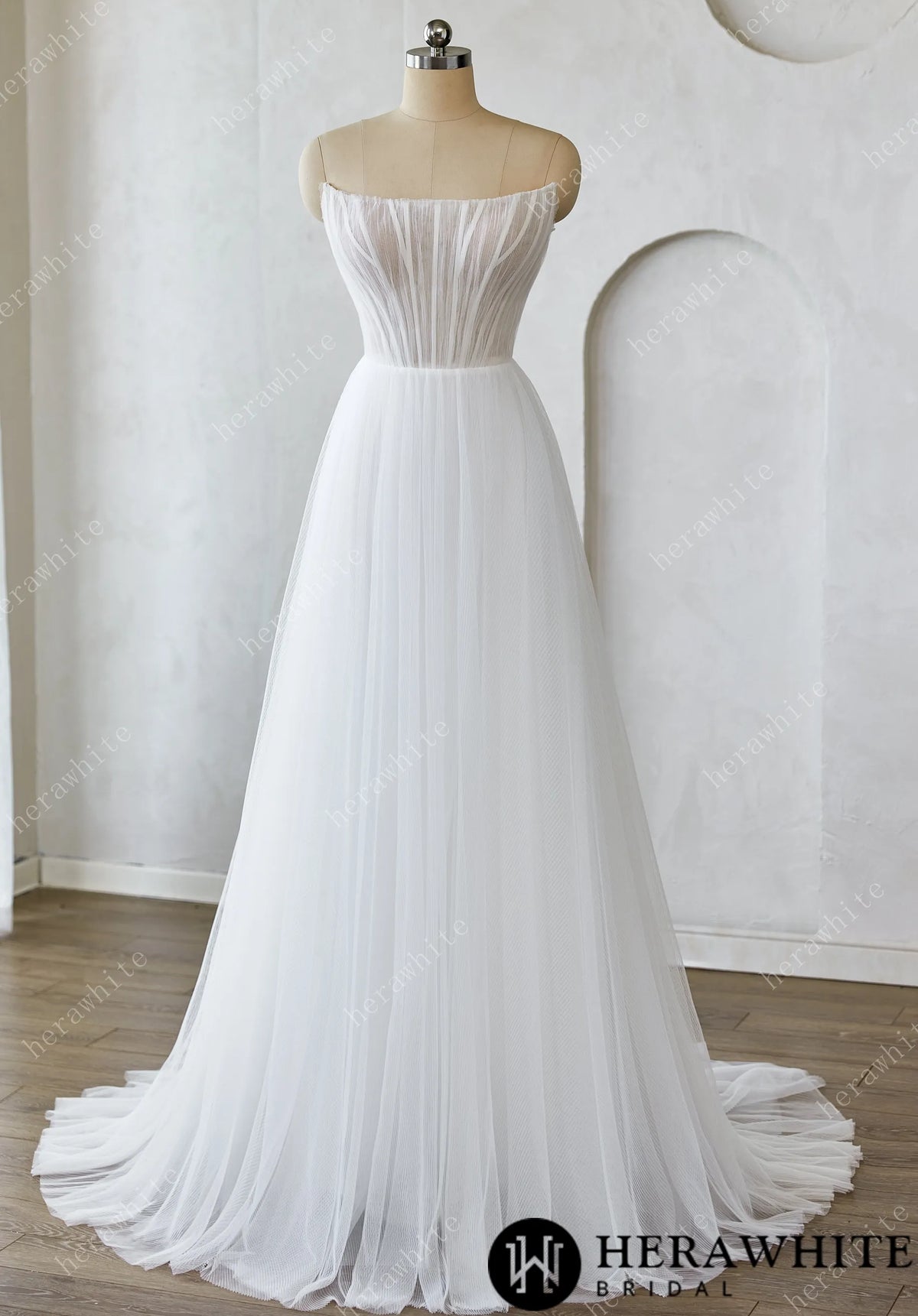 Minimalist Strapless Pleated Tulle Wedding Dress for Modern Brides — HW3634 — image 1
