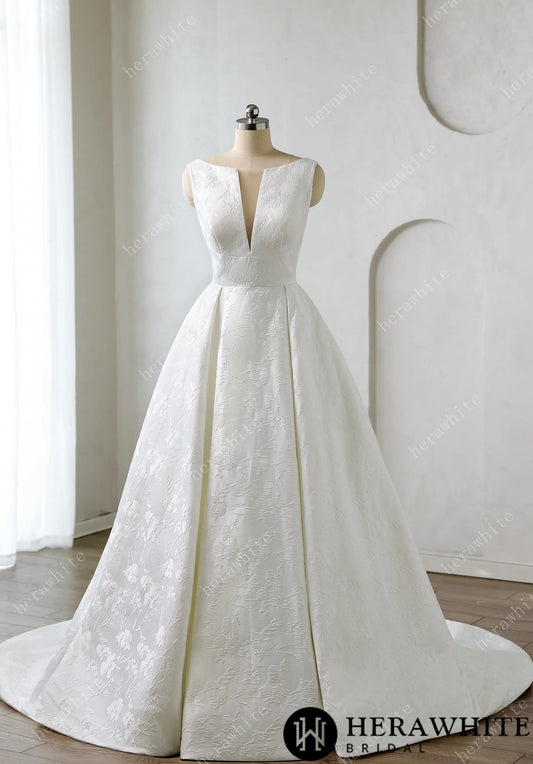 Modern Modesty Floral Jacquard A-Line Wedding Dress with Pockets — HW3638 — image 1