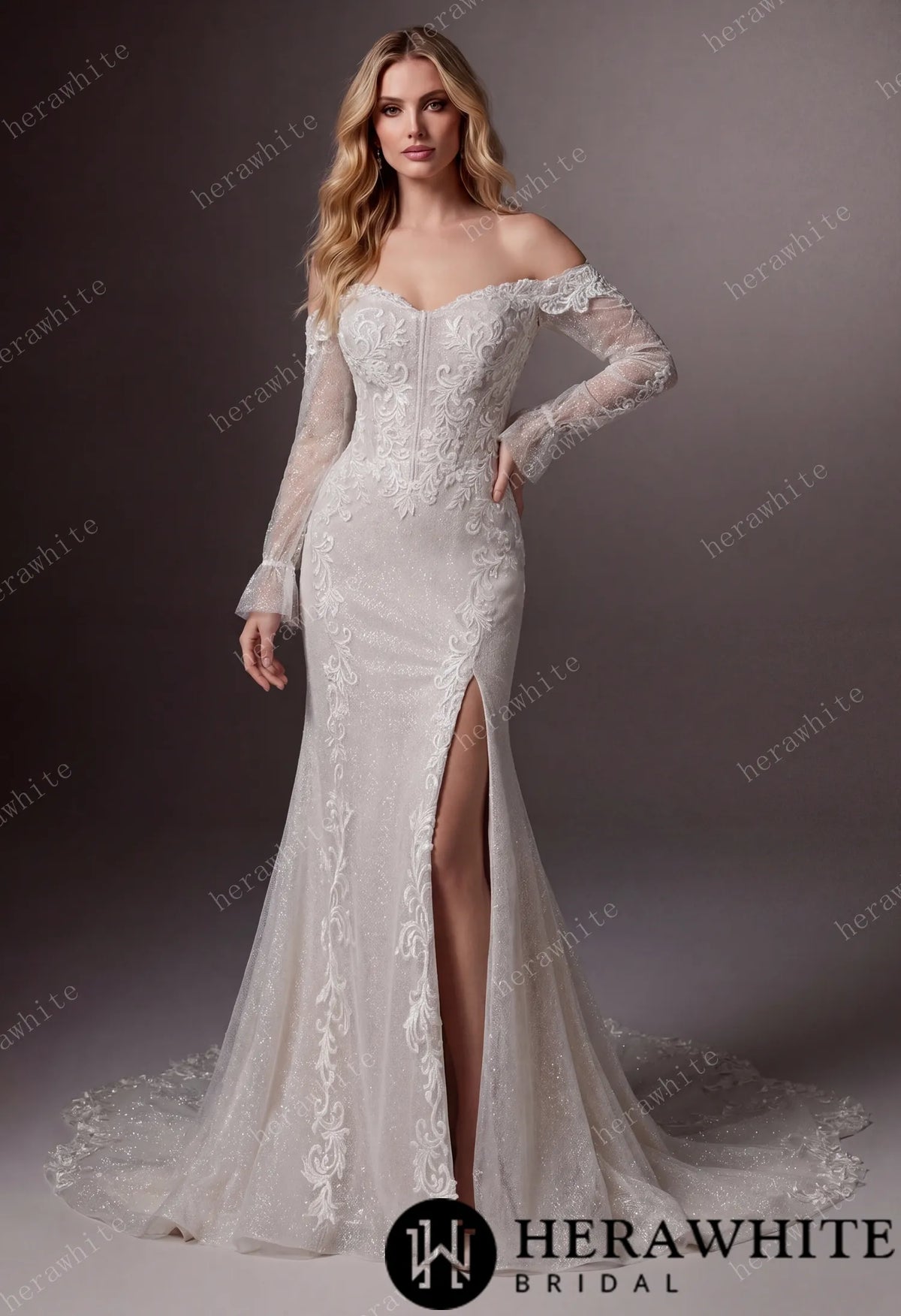 Off-the-Shoulder Sequin Lace Fit-and-Flare Wedding Gown With Lotus Train — HW3642 — image 1
