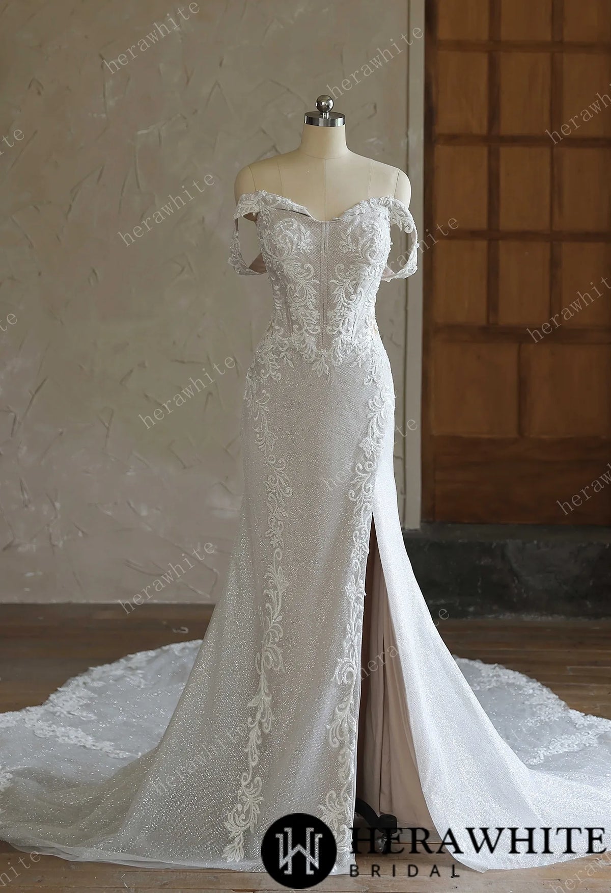 Off-the-Shoulder Sequin Lace Fit-and-Flare Wedding Gown With Lotus Train — HW3642 — image 2