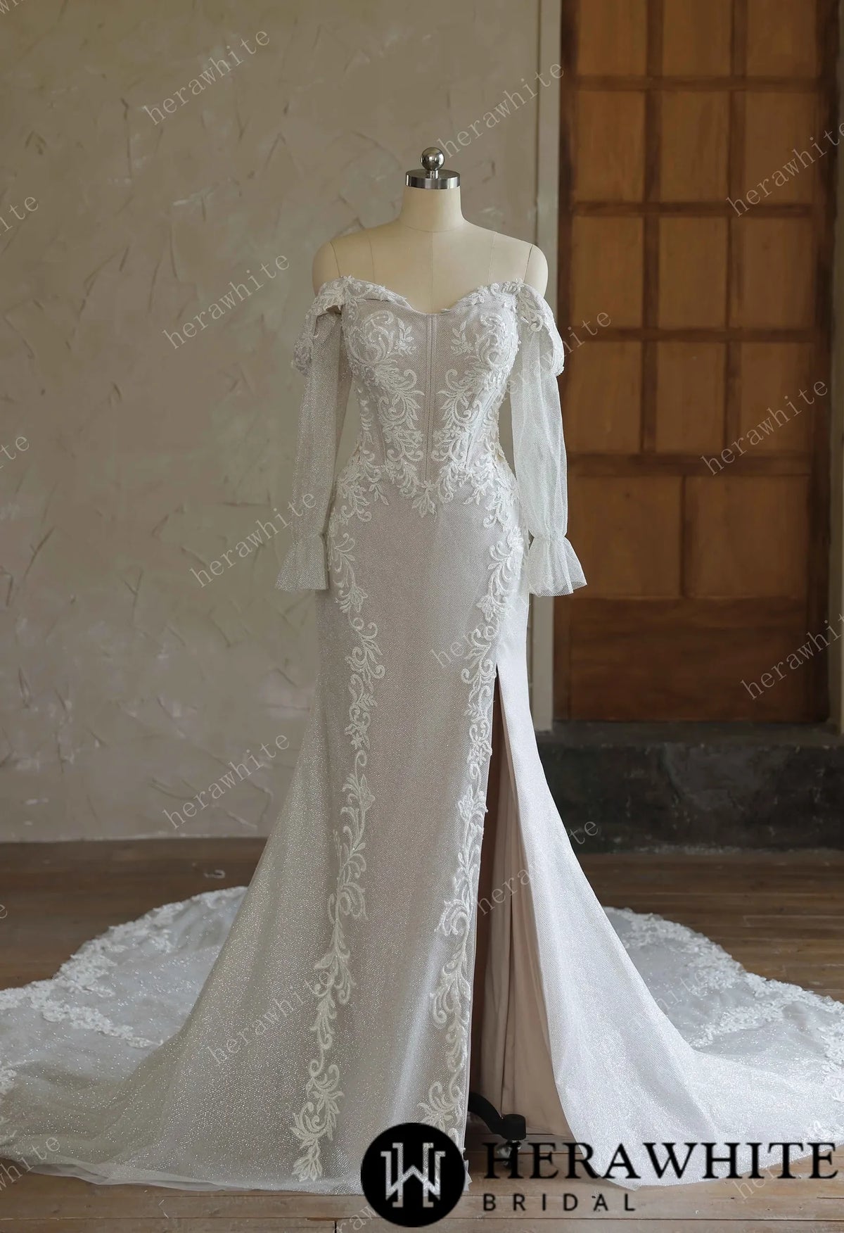 Off-the-Shoulder Sequin Lace Fit-and-Flare Wedding Gown With Lotus Train — HW3642 — image 3