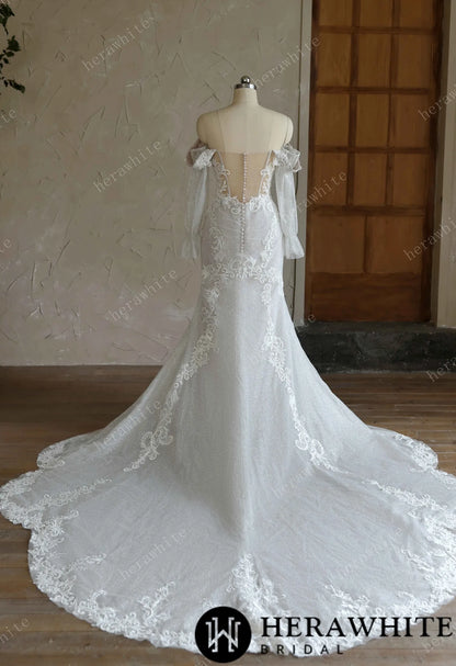 Off-the-Shoulder Sequin Lace Fit-and-Flare Wedding Gown With Lotus Train — HW3642 — image 4