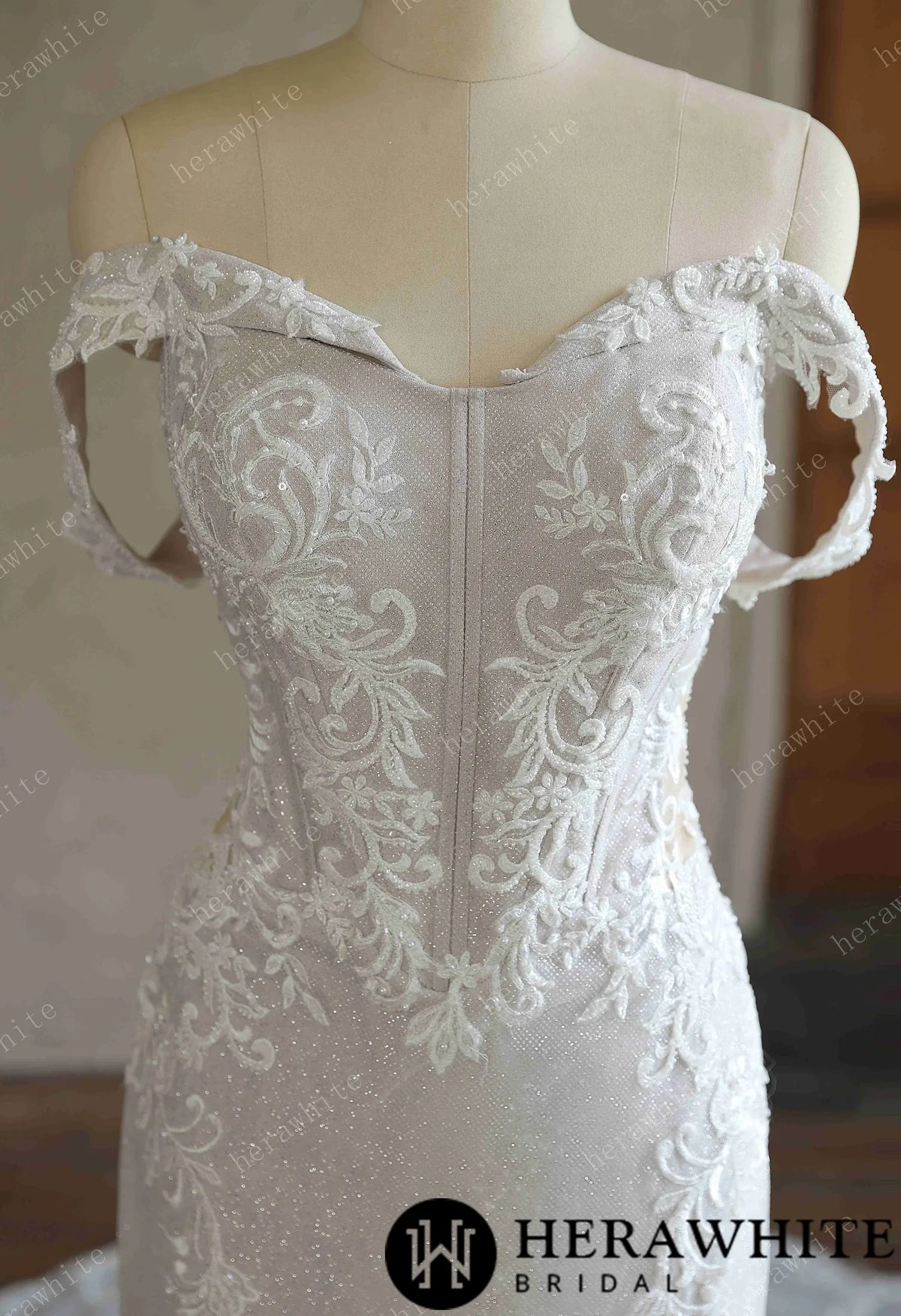 Off-the-Shoulder Sequin Lace Fit-and-Flare Wedding Gown With Lotus Train — HW3642 — image 5