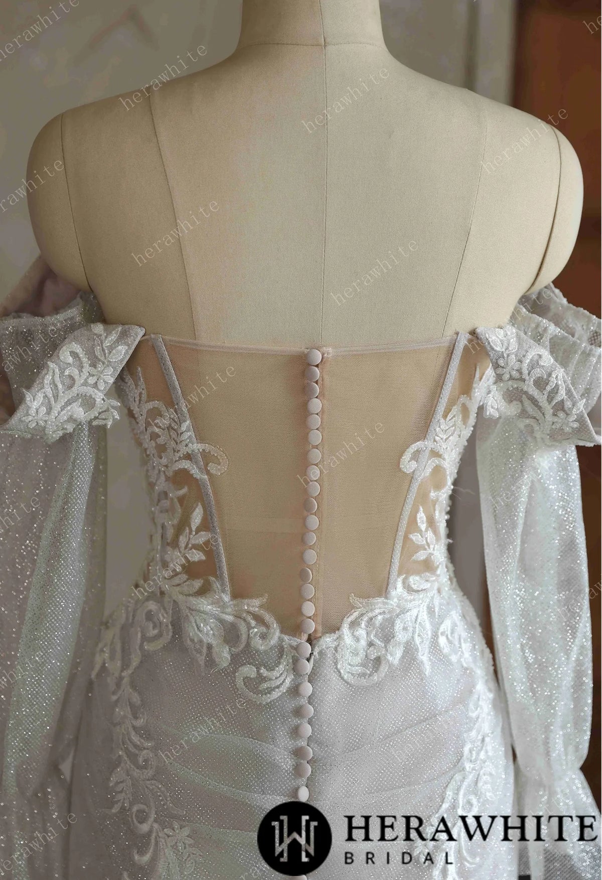 Off-the-Shoulder Sequin Lace Fit-and-Flare Wedding Gown With Lotus Train — HW3642 — image 6
