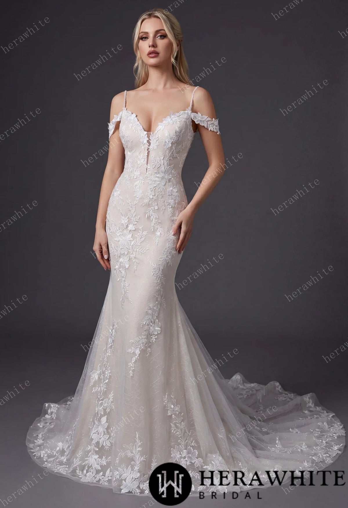 V-Neck Lace Mermaid Wedding Dress With Spaghetti Straps — HW3643 — image 1