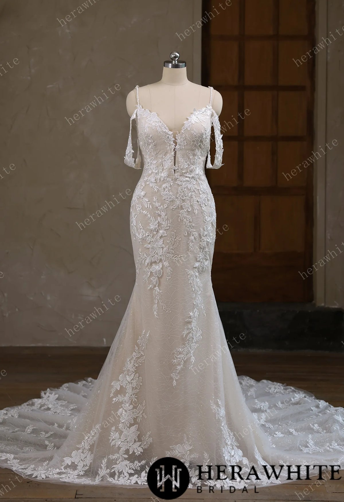 V-Neck Lace Mermaid Wedding Dress With Spaghetti Straps — HW3643 — image 2