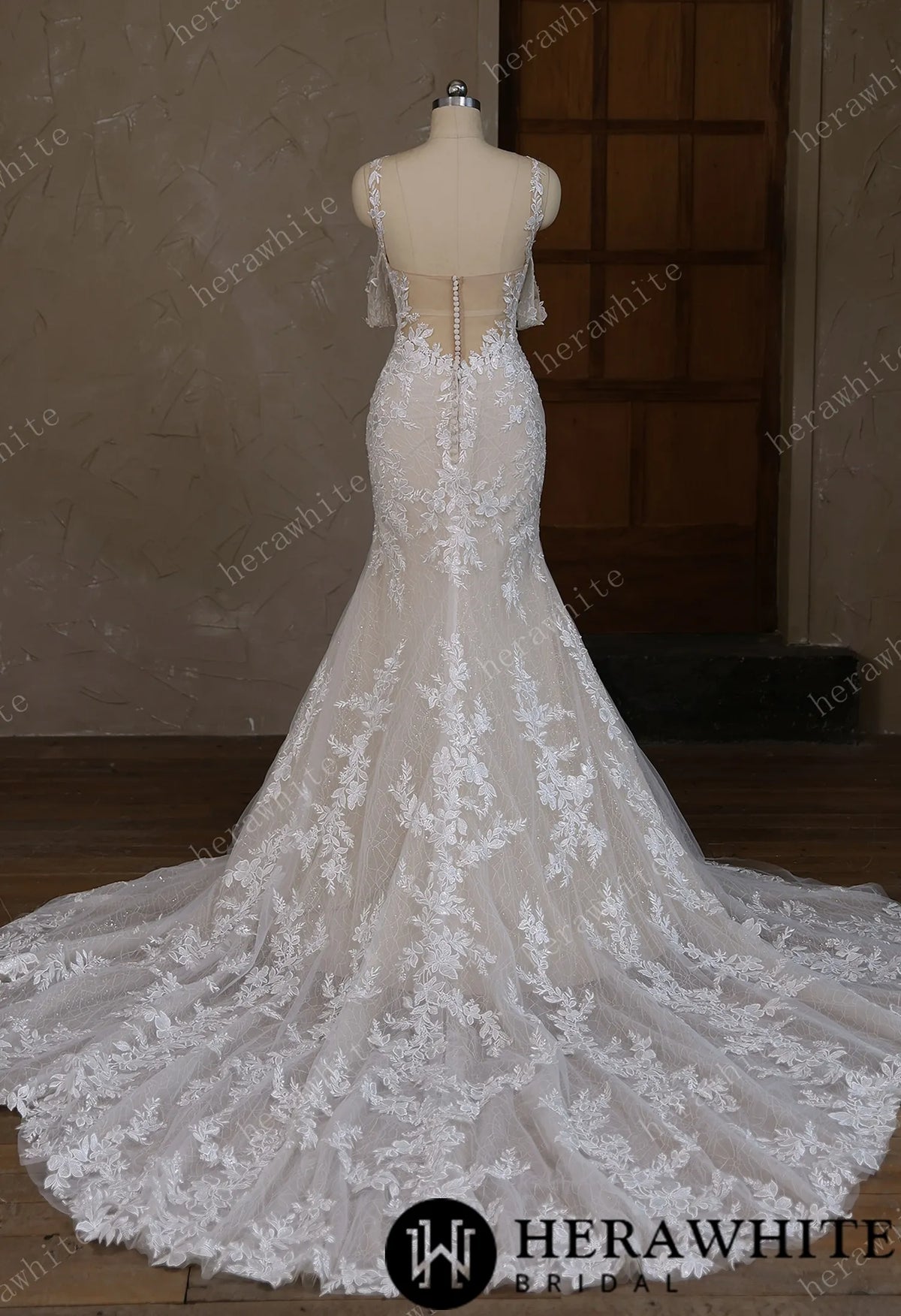 V-Neck Lace Mermaid Wedding Dress With Spaghetti Straps — HW3643 — image 3