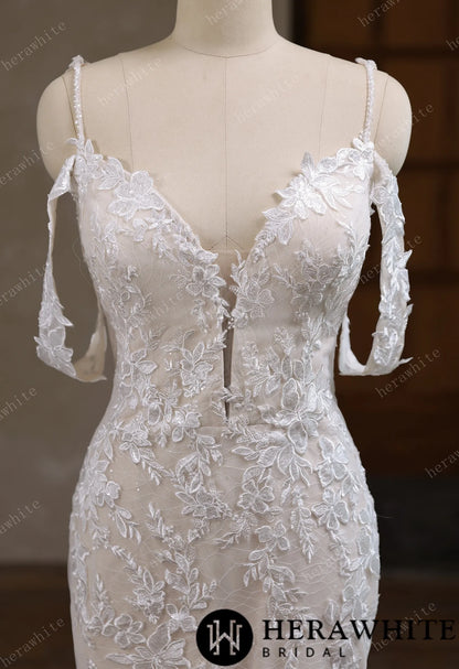 V-Neck Lace Mermaid Wedding Dress With Spaghetti Straps — HW3643 — image 4