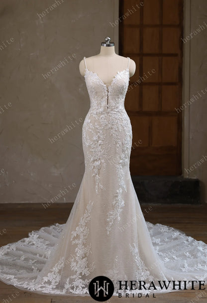 V-Neck Lace Mermaid Wedding Dress With Spaghetti Straps — HW3643 — image 5